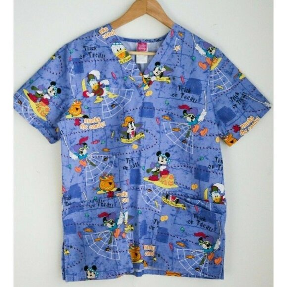 Disney Mickey Mouse Halloween  Colourful Cartoon Print Scrub Top S - Picture 1 of 12